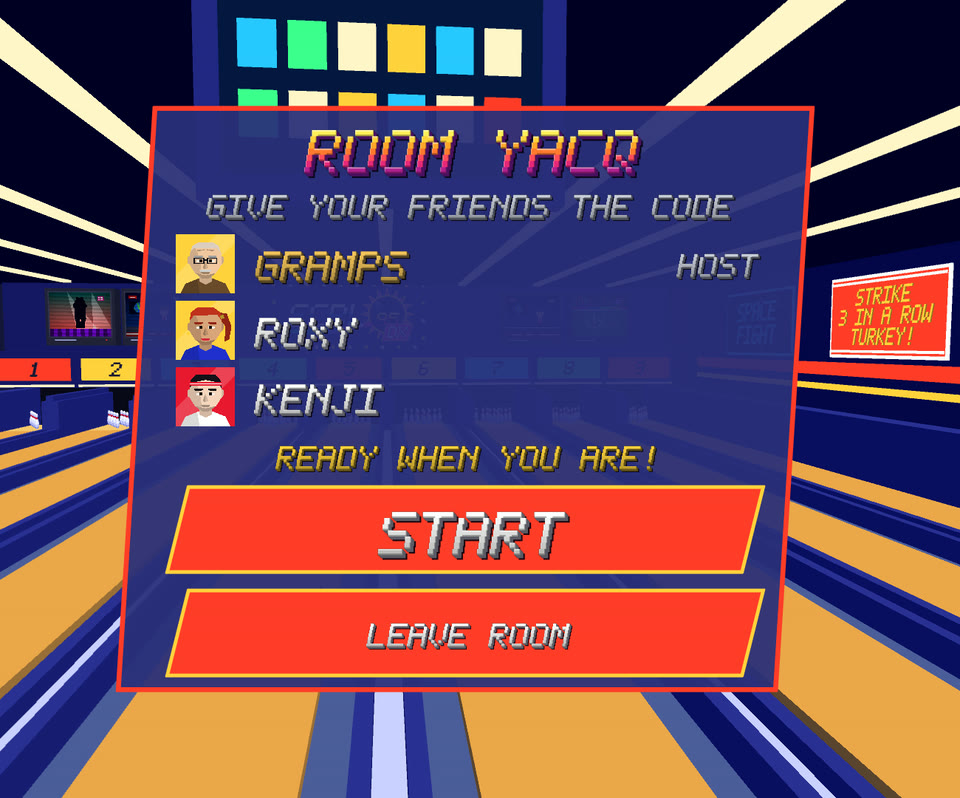 An online room with its four-letter code and three players: Gramps (the host), Roxy and Kenji